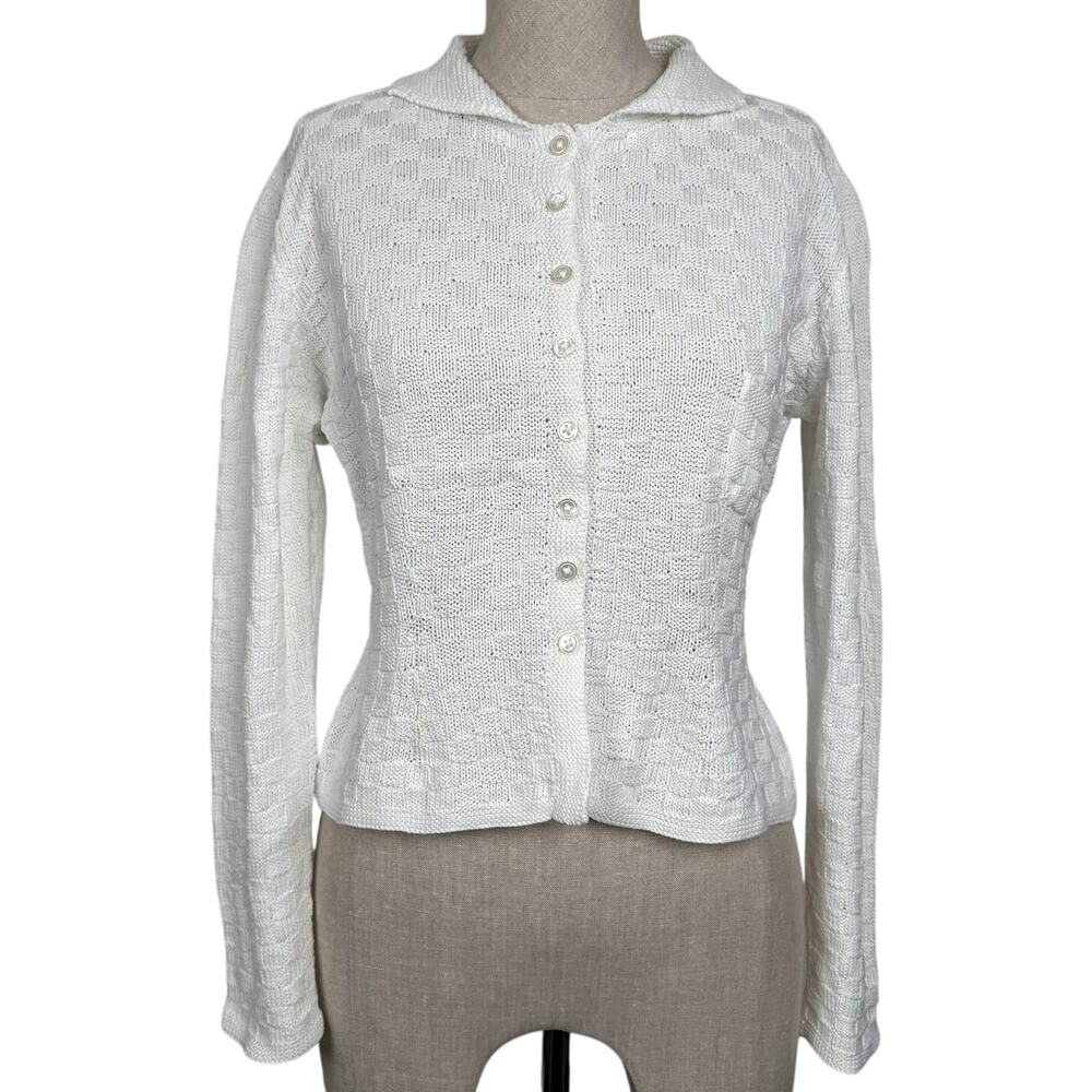 Vintage Marion Foale White Cropped Knit Cardigan Sweater Checkerboard Texture